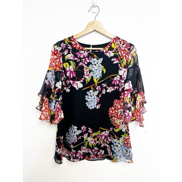 Josie Natori Women Black Multicolor Floral Silk 3/4 Sleeve Blouse Top Sz M - Picture 12 of 12